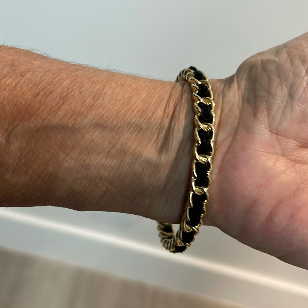 Gold Bangle Interlaced With Black Leather